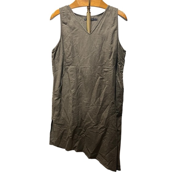 GUDRUN SJODEN ~ Olive Green Linen Tank Dress with Asymmetric Hem - Picture 1 of 11